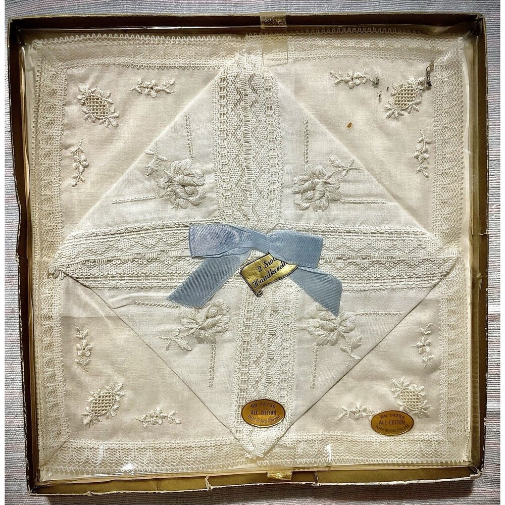 Vintage Swiss Cotton Handkerchiefs White RN 14750 Embroidered Gift Box Set of 2